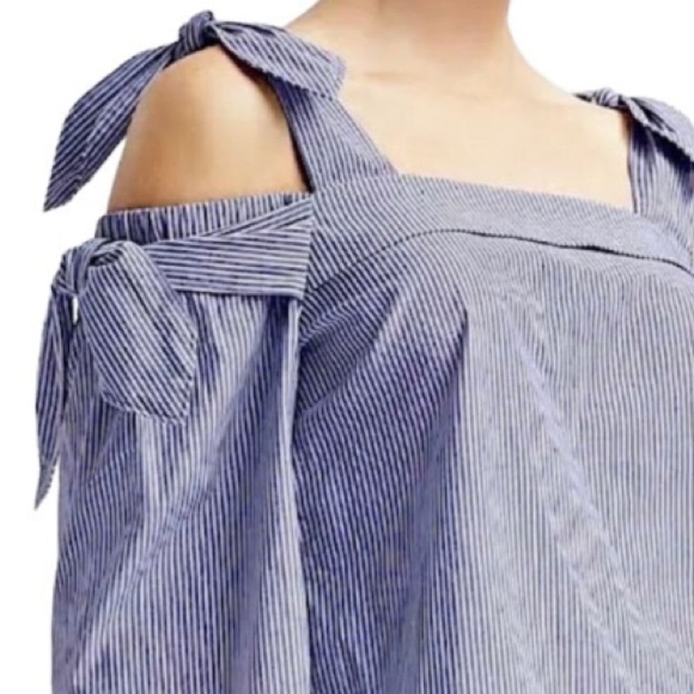 Banana Republic Double Bow Cold Shoulder Striped Top Blue White Coquette Stripe - Picture 4 of 13